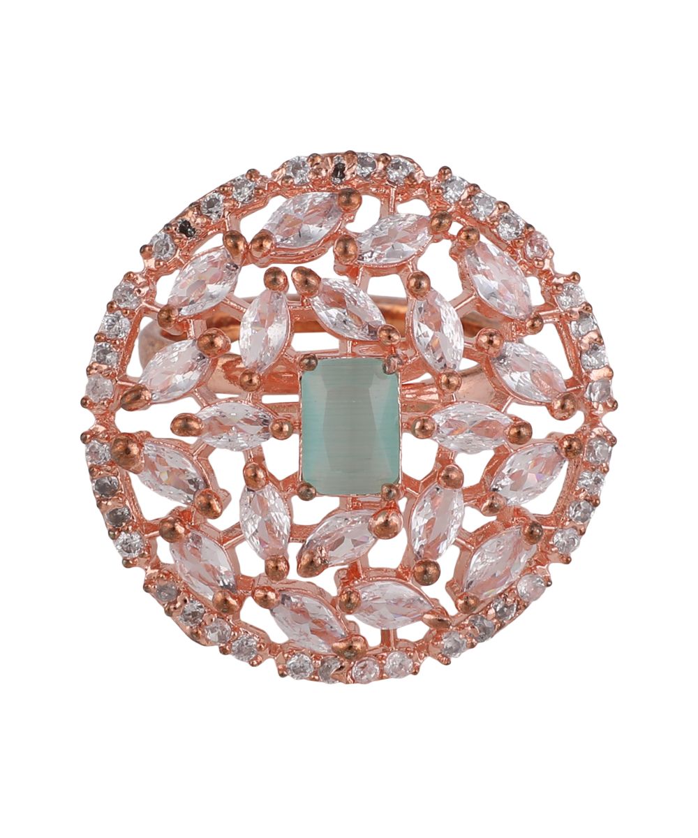 Women's American Diamond Studded Rose Gold with Green colored Stone Statement Cocktail Ring
