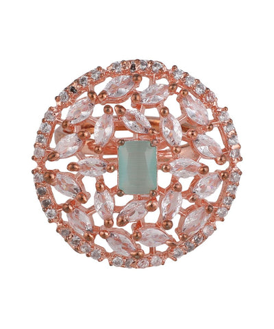 Women's American Diamond Studded Rose Gold with Green colored Stone Statement Cocktail Ring