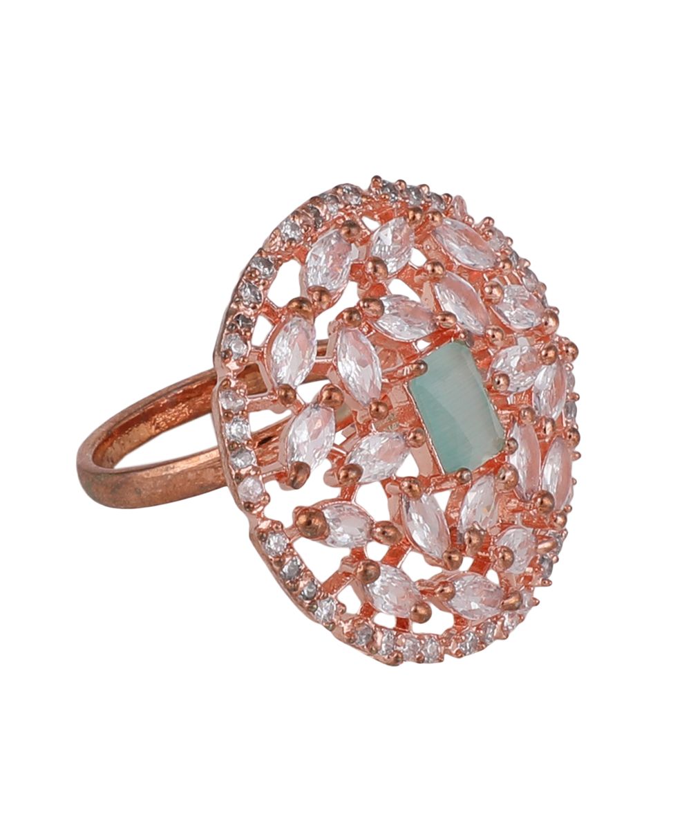 Women's American Diamond Studded Rose Gold with Green colored Stone Statement Cocktail Ring