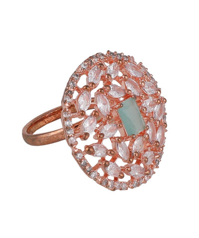 Women's American Diamond Studded Rose Gold with Green colored Stone Statement Cocktail Ring