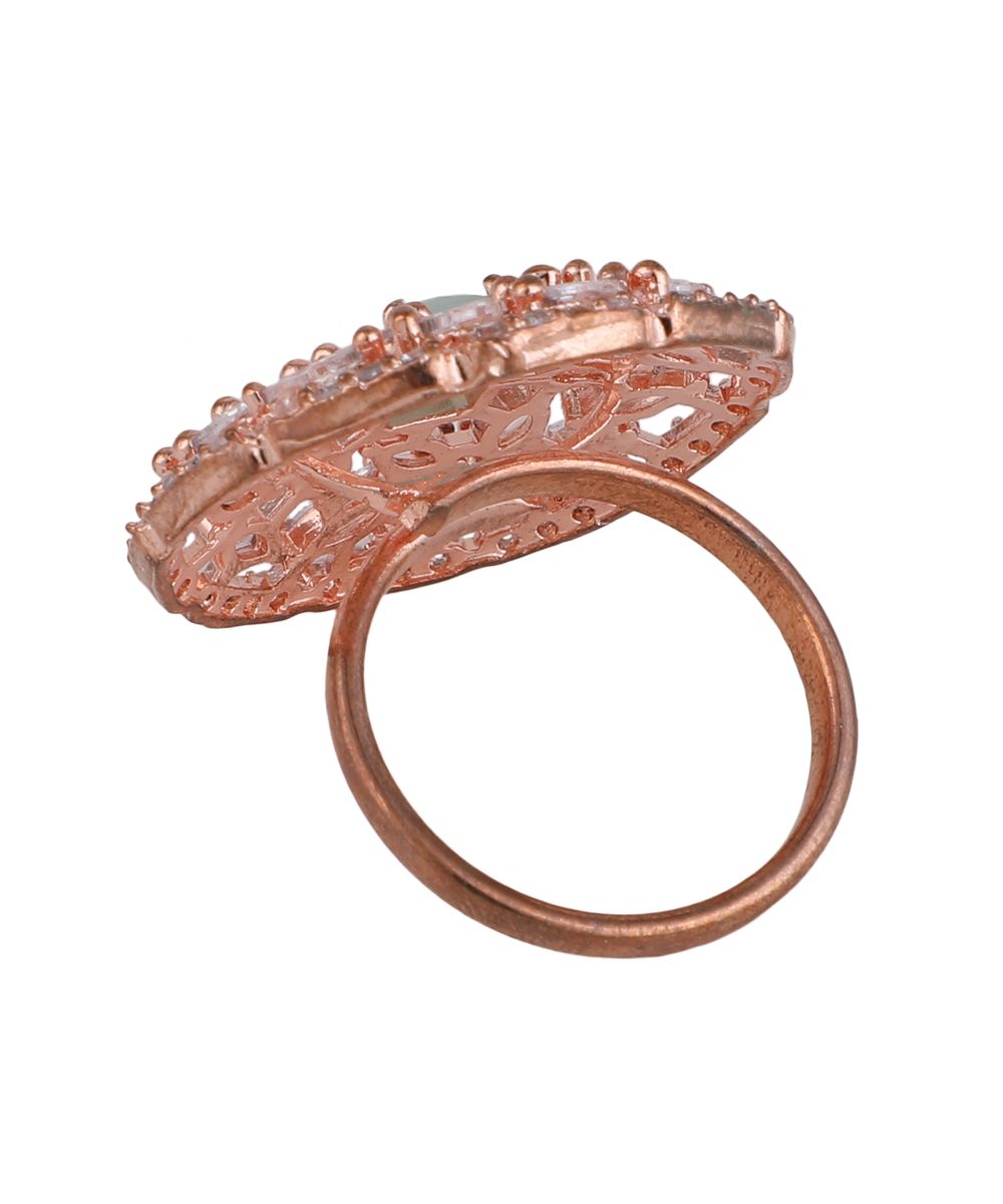 Women's American Diamond Studded Rose Gold with Green colored Stone Statement Cocktail Ring