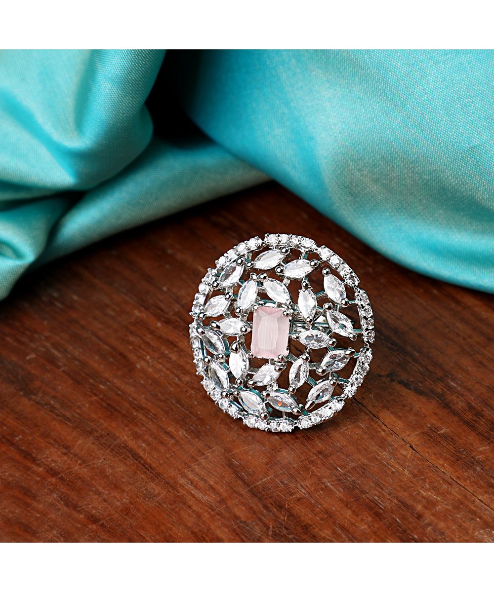 Women's American Diamond Studded Silver with Pink colored Stone Statement Cocktail Ring