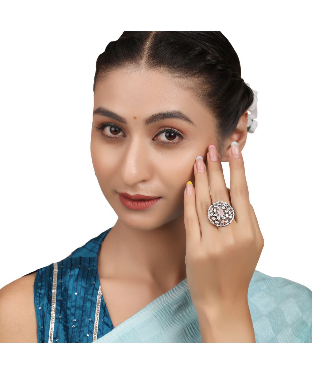 Women's American Diamond Studded Silver with Pink colored Stone Statement Cocktail Ring