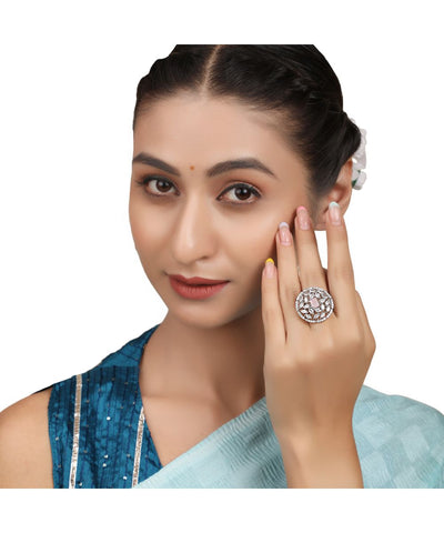 Women's American Diamond Studded Silver with Pink colored Stone Statement Cocktail Ring