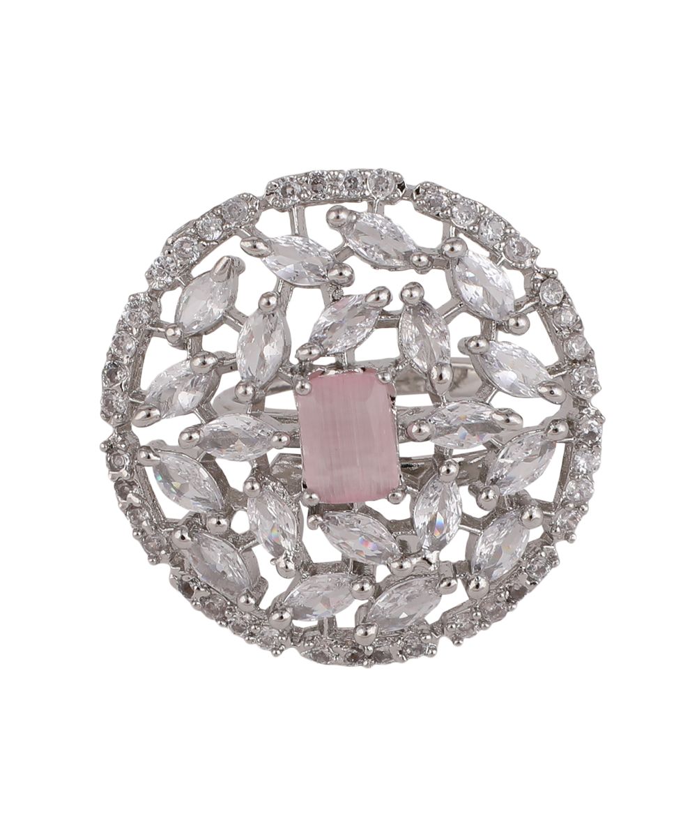 Women's American Diamond Studded Silver with Pink colored Stone Statement Cocktail Ring
