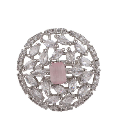 Women's American Diamond Studded Silver with Pink colored Stone Statement Cocktail Ring