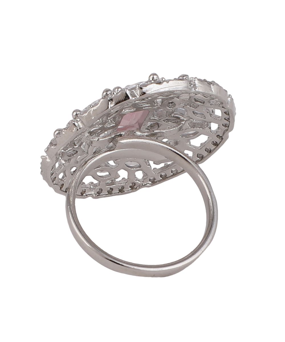 Women's American Diamond Studded Silver with Pink colored Stone Statement Cocktail Ring