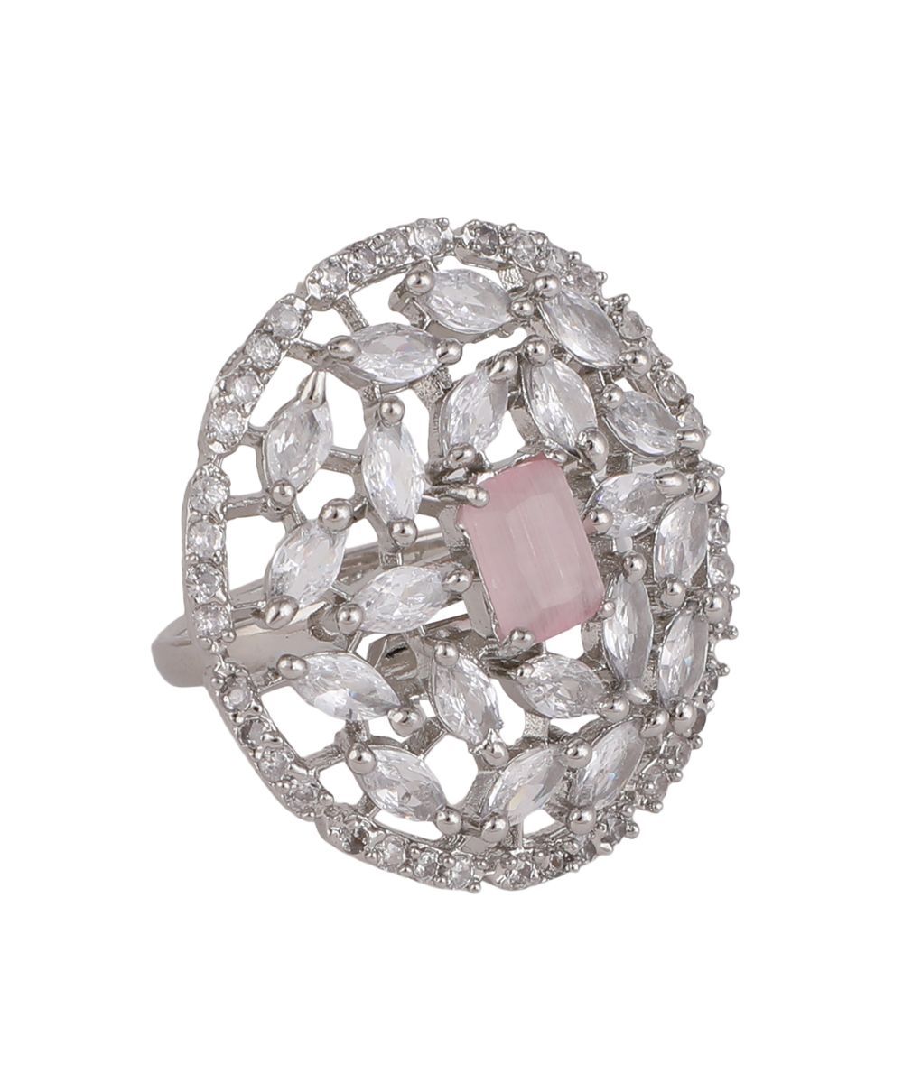 Women's American Diamond Studded Silver with Pink colored Stone Statement Cocktail Ring