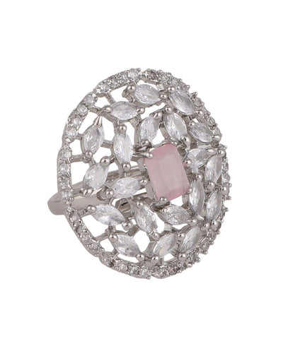 Women's American Diamond Studded Silver with Pink colored Stone Statement Cocktail Ring