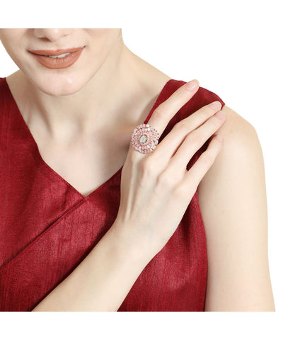 Women's Rose Gold plated American Diamond Studded Floral shaped with Blue colored Ring