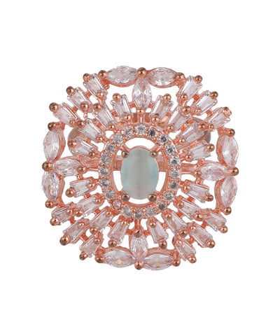Women's Rose Gold plated American Diamond Studded Floral shaped with Blue colored Ring