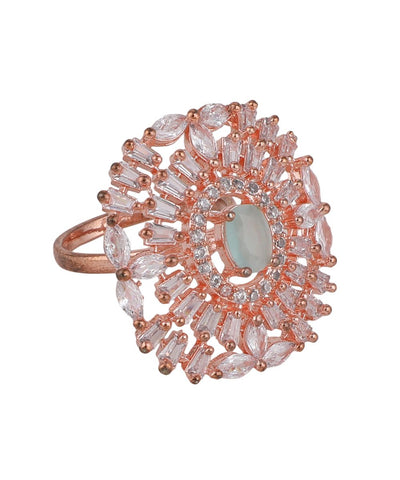 Women's Rose Gold plated American Diamond Studded Floral shaped with Blue colored Ring