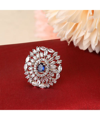 Women's Silver plated American Diamond Studded Floral shaped with Blue colored Stone Statement Cocktail Ring