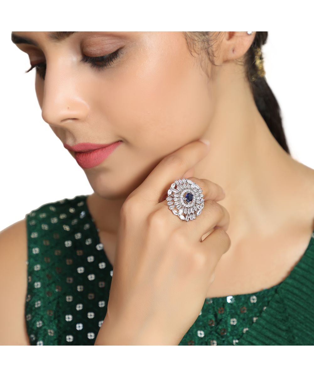 Women's Silver plated American Diamond Studded Floral shaped with Blue colored Stone Statement Cocktail Ring