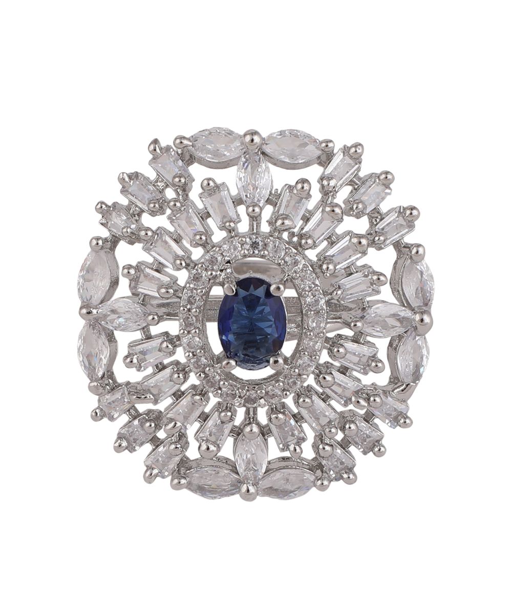 Women's Silver plated American Diamond Studded Floral shaped with Blue colored Stone Statement Cocktail Ring