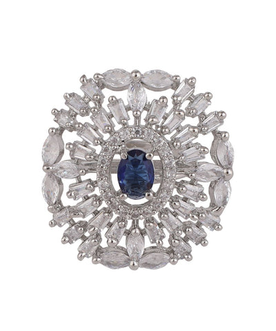 Women's Silver plated American Diamond Studded Floral shaped with Blue colored Stone Statement Cocktail Ring