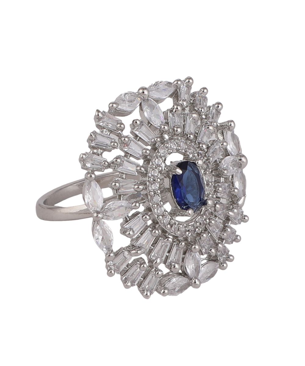 Women's Silver plated American Diamond Studded Floral shaped with Blue colored Stone Statement Cocktail Ring