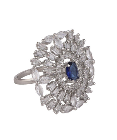 Women's Silver plated American Diamond Studded Floral shaped with Blue colored Stone Statement Cocktail Ring