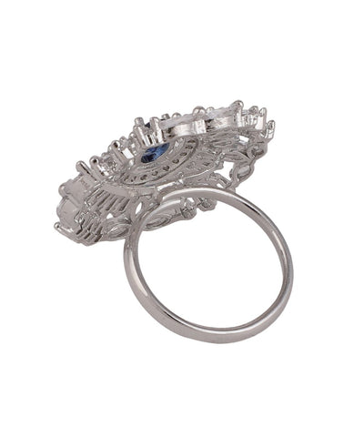 Women's Silver plated American Diamond Studded Floral shaped with Blue colored Stone Statement Cocktail Ring