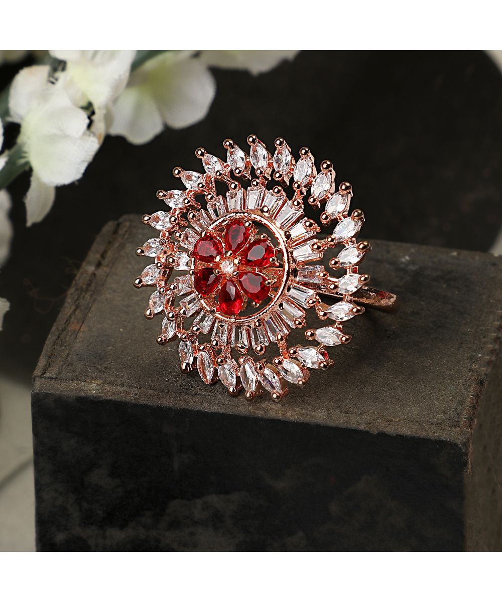 Women's Rose Gold American Diamond Studded Floral shaped with Red colored Ruby Stone Statement Cocktail Ring
