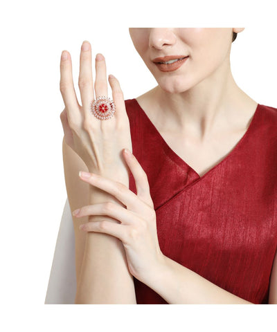 Women's Rose Gold American Diamond Studded Floral shaped with Red colored Ruby Stone Statement Cocktail Ring
