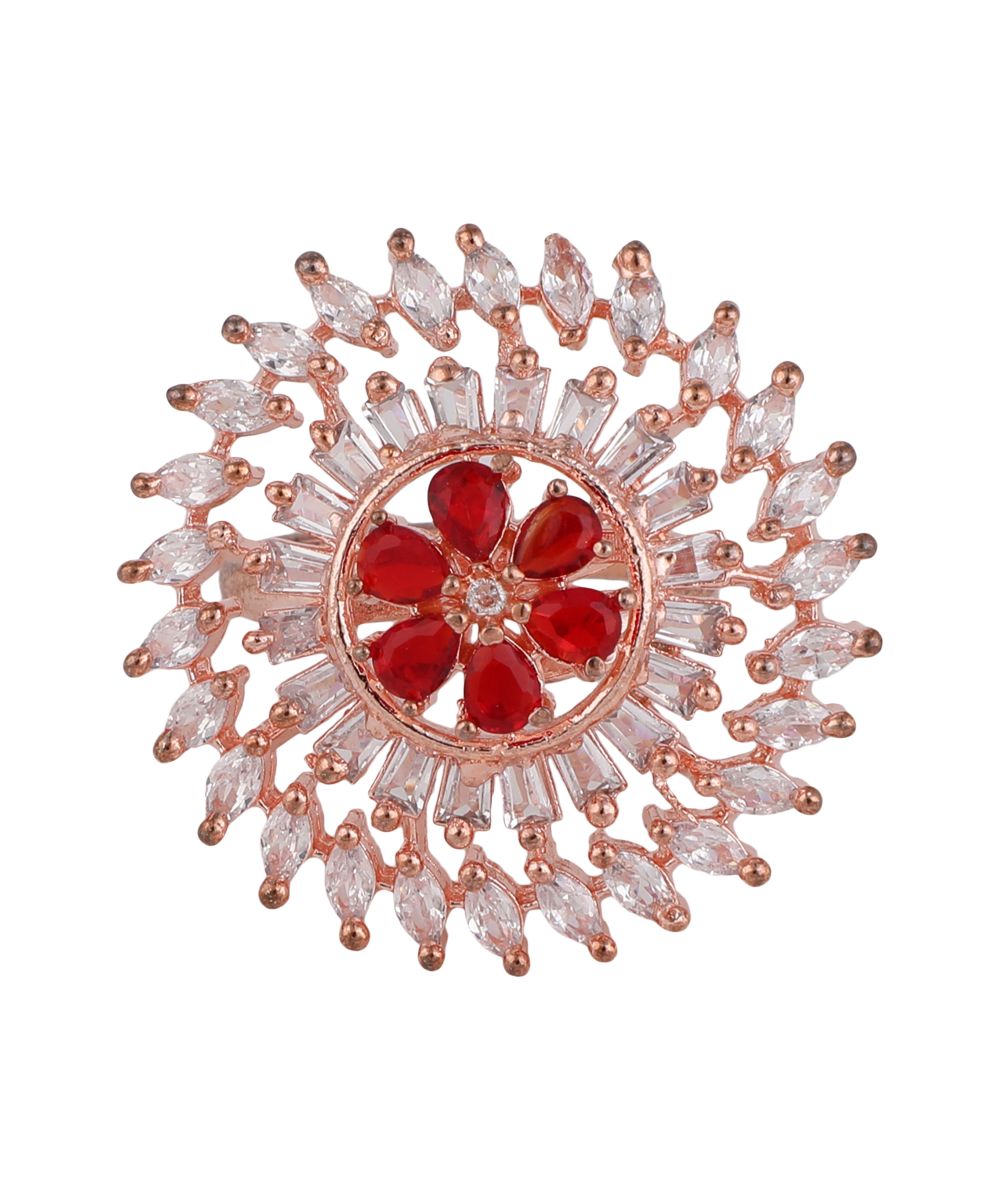 Women's Rose Gold American Diamond Studded Floral shaped with Red colored Ruby Stone Statement Cocktail Ring
