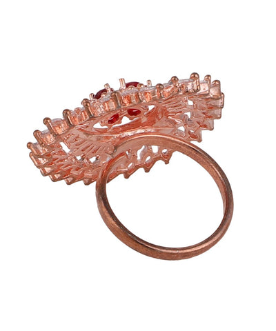 Women's Rose Gold American Diamond Studded Floral shaped with Red colored Ruby Stone Statement Cocktail Ring