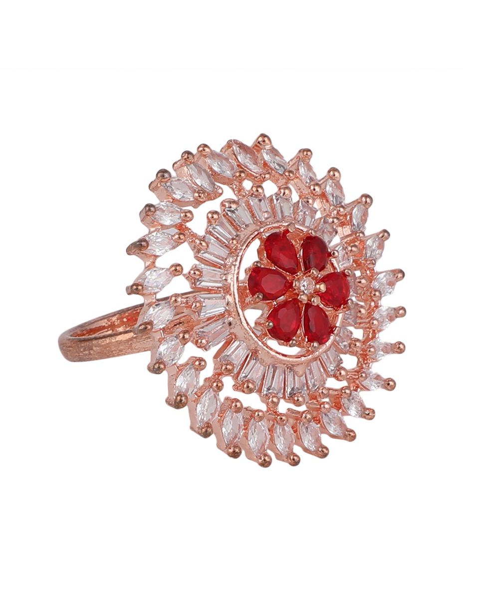Women's Rose Gold American Diamond Studded Floral shaped with Red colored Ruby Stone Statement Cocktail Ring