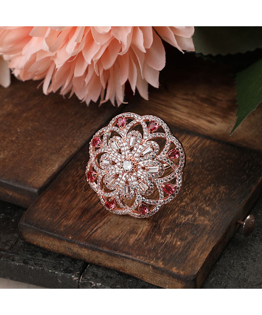 Women's Statement American Diamond Studded Rose Gold Floral Shaped Ruby Stone Cocktail Ring
