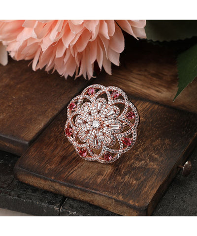 Women's Statement American Diamond Studded Rose Gold Floral Shaped Ruby Stone Cocktail Ring