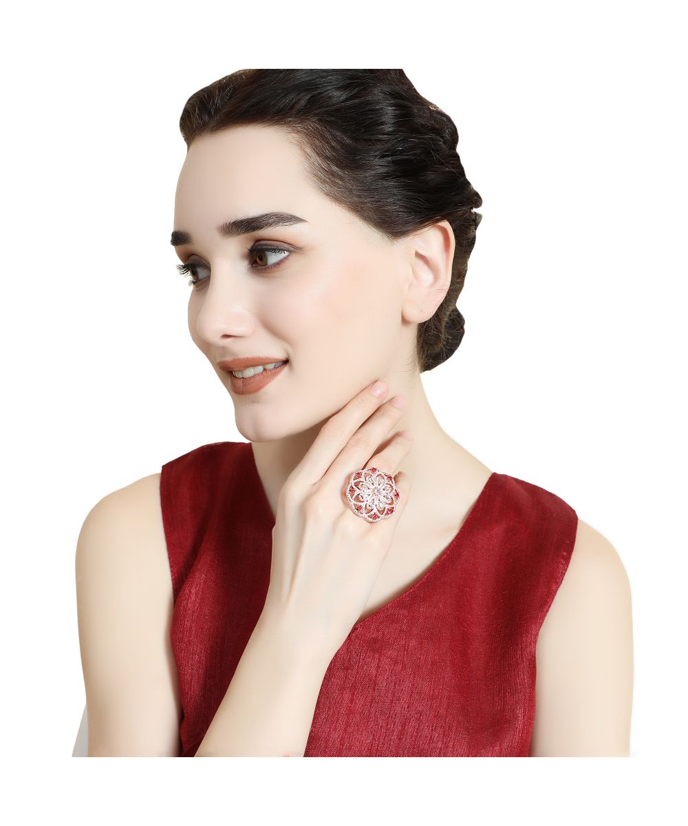 Women's Statement American Diamond Studded Rose Gold Floral Shaped Ruby Stone Cocktail Ring