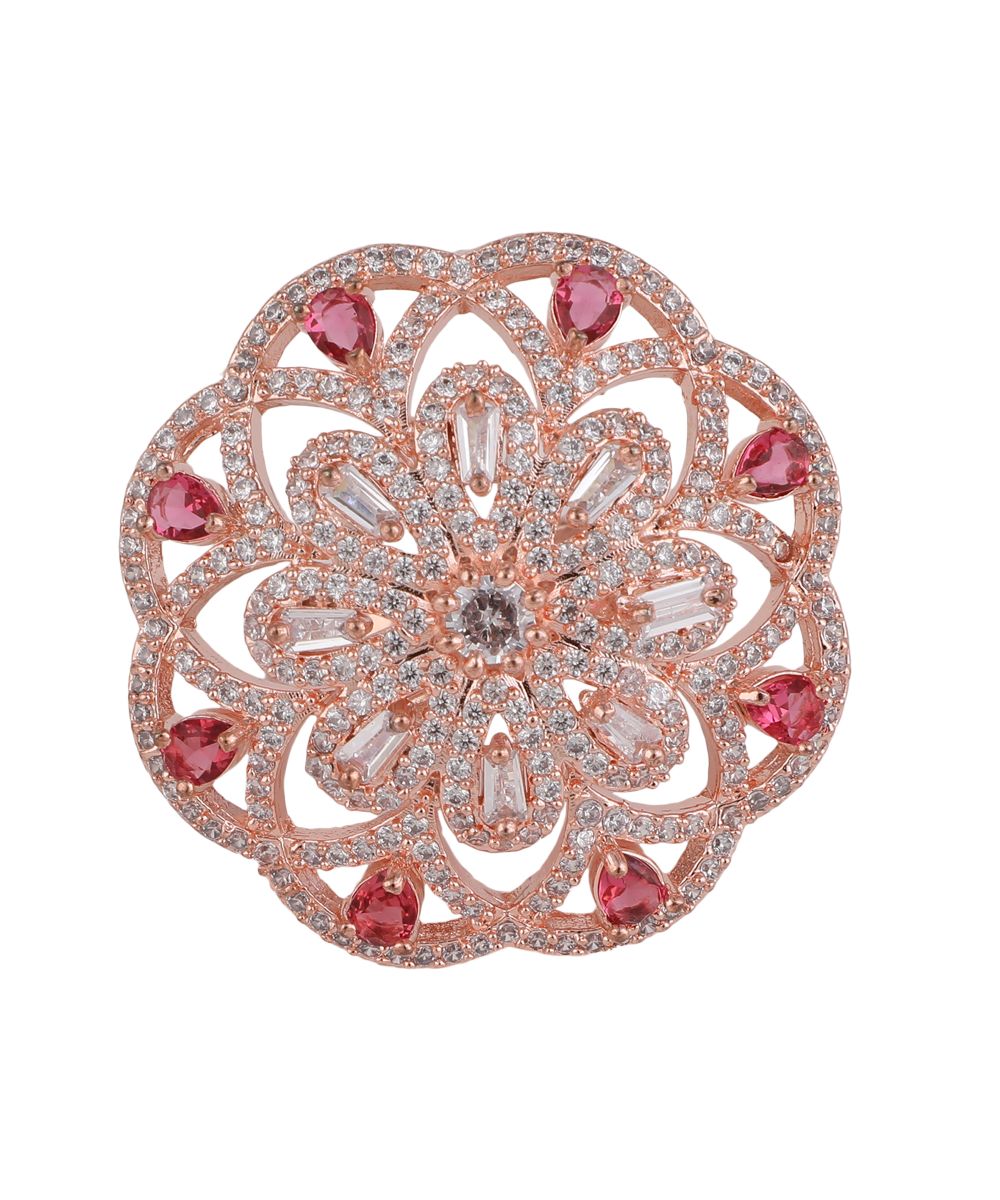 Women's Statement American Diamond Studded Rose Gold Floral Shaped Ruby Stone Cocktail Ring