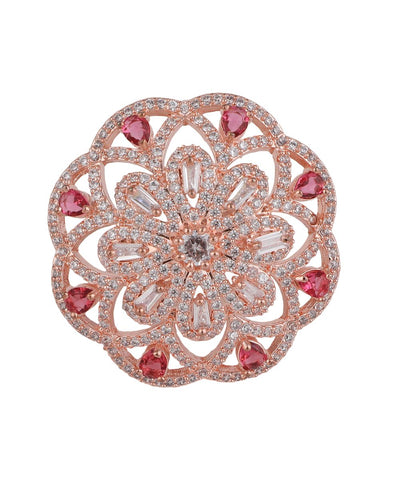 Women's Statement American Diamond Studded Rose Gold Floral Shaped Ruby Stone Cocktail Ring
