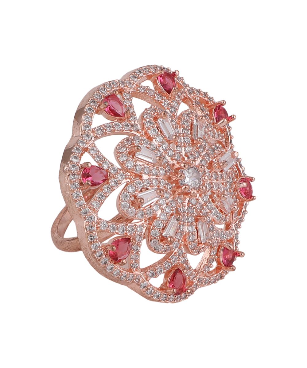 Women's Statement American Diamond Studded Rose Gold Floral Shaped Ruby Stone Cocktail Ring