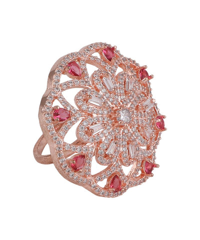 Women's Statement American Diamond Studded Rose Gold Floral Shaped Ruby Stone Cocktail Ring