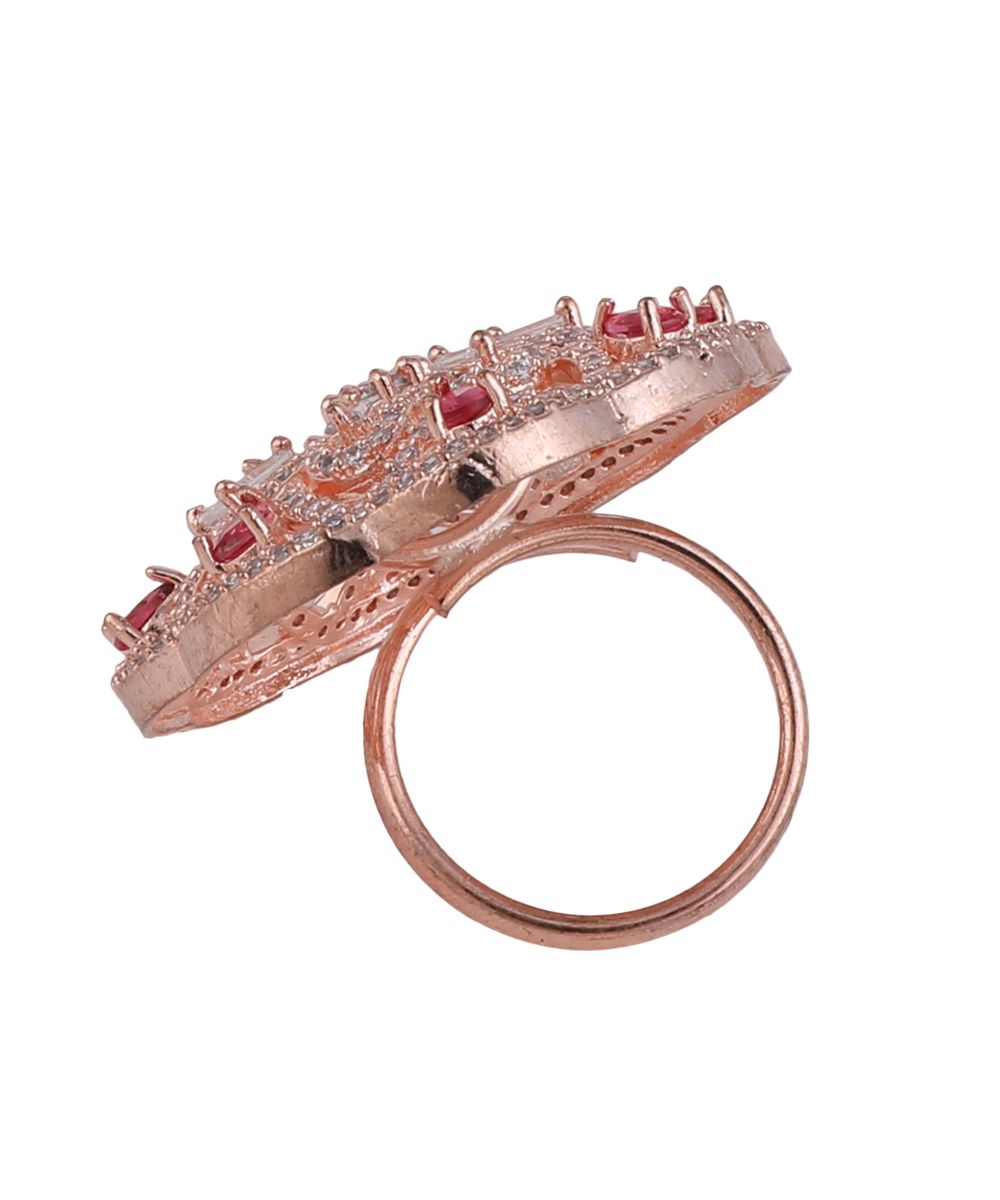 Women's Statement American Diamond Studded Rose Gold Floral Shaped Ruby Stone Cocktail Ring