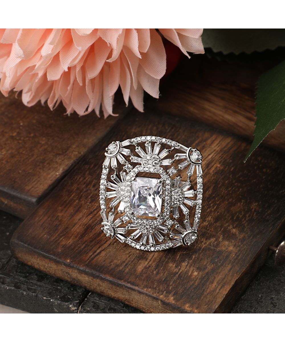 Women's Statement American Diamond Studded Silver Symmentrical Shaped Cocktail Ring
