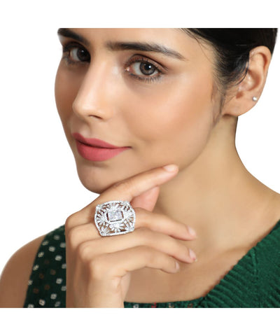 Women's Statement American Diamond Studded Silver Symmentrical Shaped Cocktail Ring