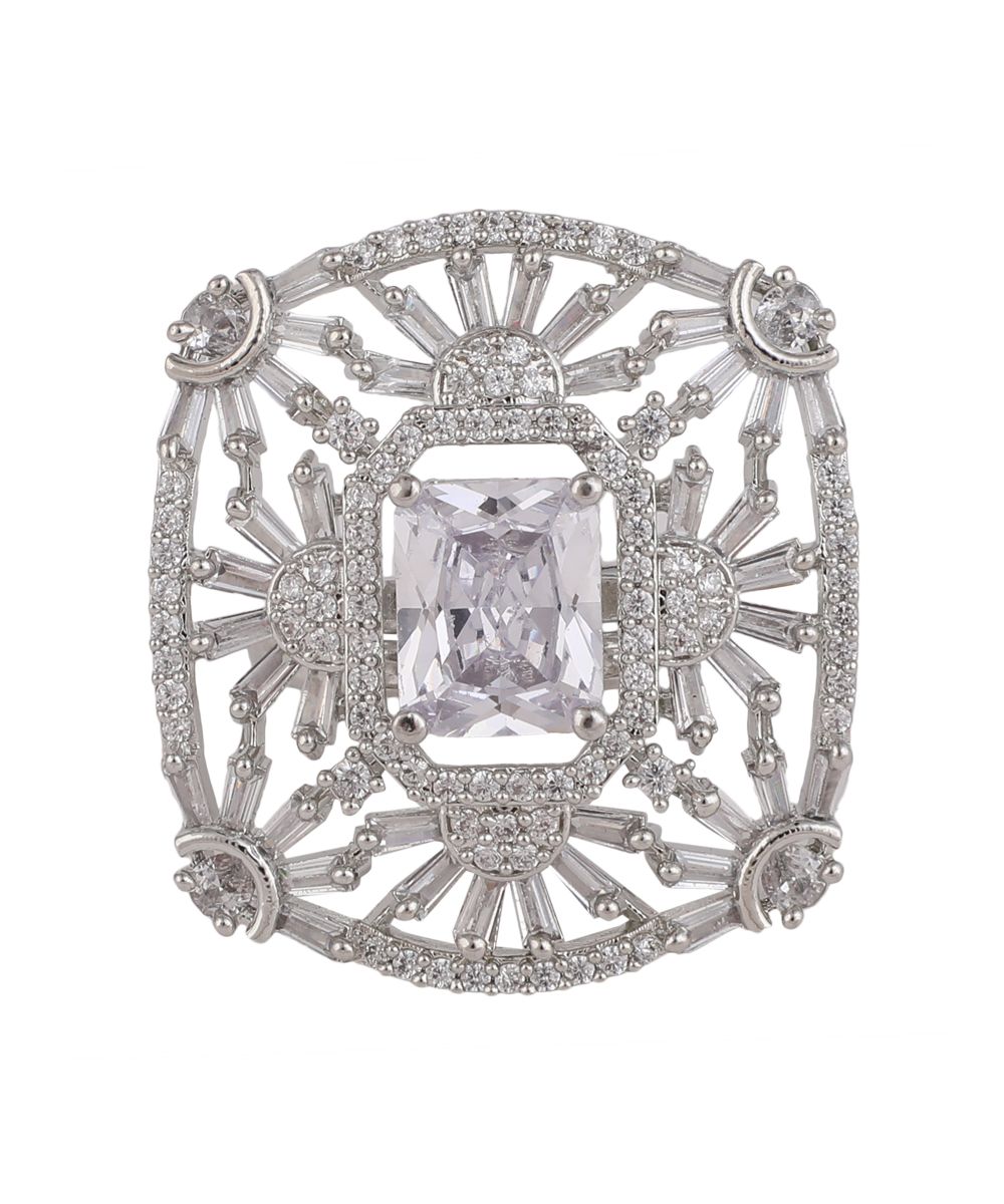 Women's Statement American Diamond Studded Silver Symmentrical Shaped Cocktail Ring