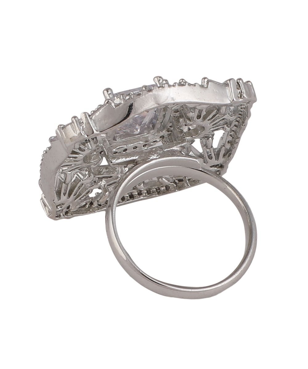 Women's Statement American Diamond Studded Silver Symmentrical Shaped Cocktail Ring