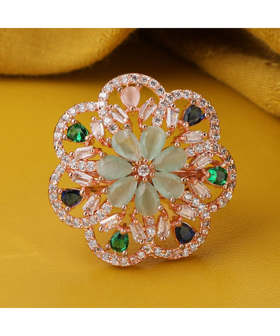 Women's Rose Gold Plated Floral Shaped Multicolor American Diamond Studded Cocktail Ring