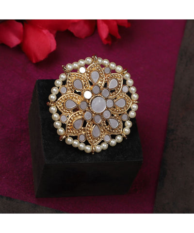 Women's Gold Plated Mirror and Pearl Studded Floral Shaped Ethnic Cocktail Ring