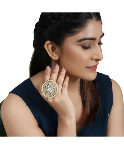 Women's Gold Plated Mirror and Pearl Studded Floral Shaped Ethnic Cocktail Ring