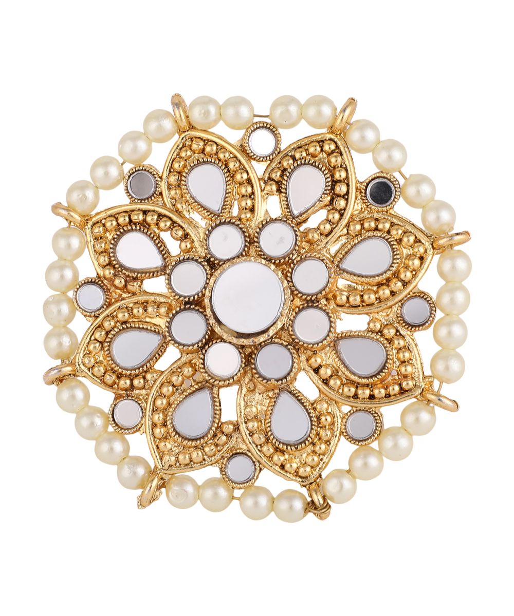 Women's Gold Plated Mirror and Pearl Studded Floral Shaped Ethnic Cocktail Ring