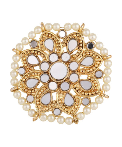 Women's Gold Plated Mirror and Pearl Studded Floral Shaped Ethnic Cocktail Ring