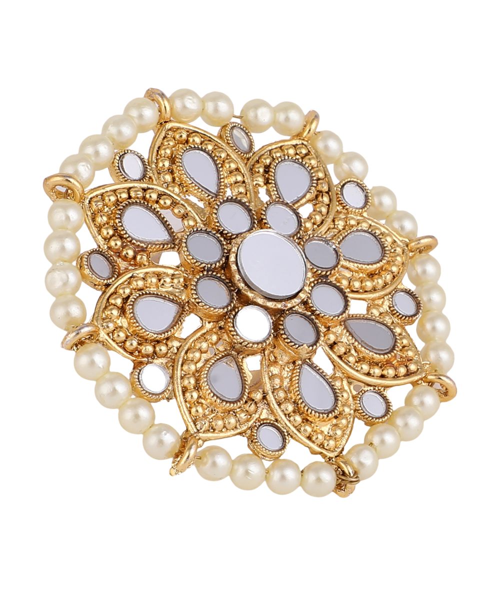 Women's Gold Plated Mirror and Pearl Studded Floral Shaped Ethnic Cocktail Ring