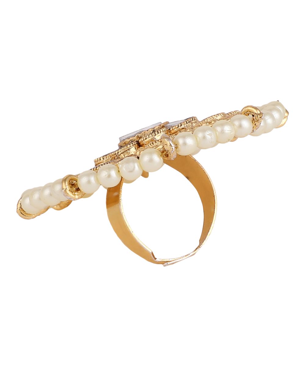 Women's Gold Plated Mirror and Pearl Studded Floral Shaped Ethnic Cocktail Ring