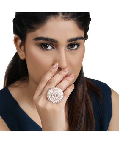 Women's Rose Gold Stone and Pearl Studded Round Shaped Cocktail Ring