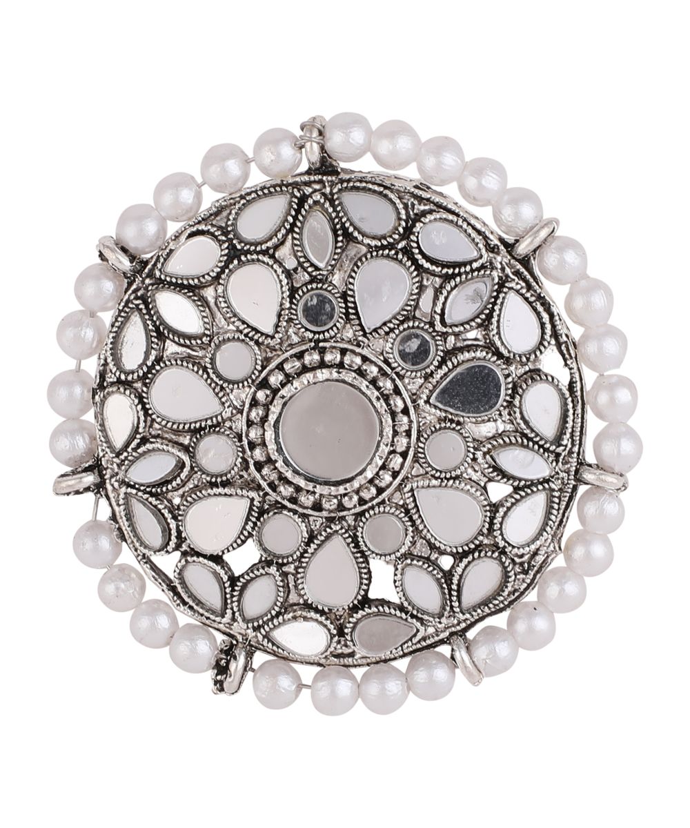 Women's Silver Plated Oxididsed Mirror and Pearl Studded Contemporary Ring