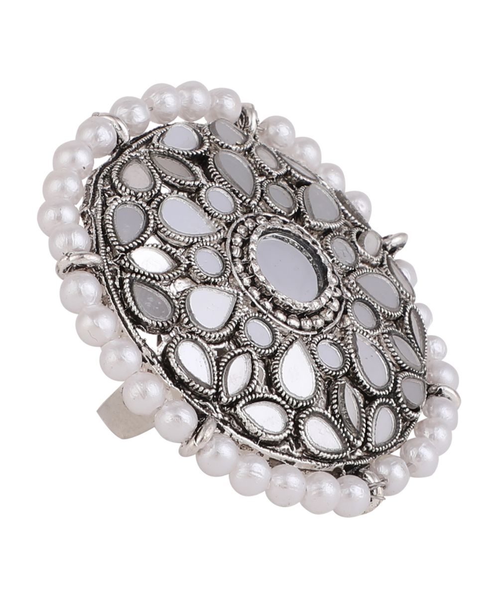 Women's Silver Plated Oxididsed Mirror and Pearl Studded Contemporary Ring